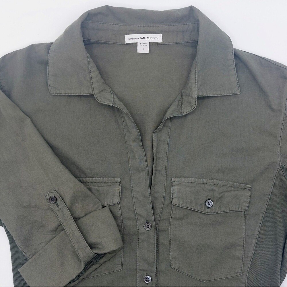 Standard James Perse Contrast Panel 3/4 Sleeve Cotton Shirt Women's 1 (S) Green